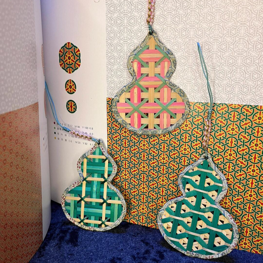 Colorful handwoven bamboo gourd bookmarks with traditional patterns and hand-knotted cords