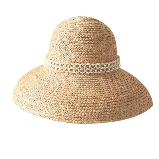 Hepburn Style Retro French Pearl Raffia Sun Hat - Wide Brim Beach Vacation Hat-BambooChic