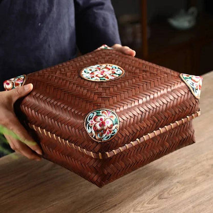 Premium Hand-Woven Bamboo Storage Box - Elegant Square Tea Set & Snack Organizer with Lid-BambooChic