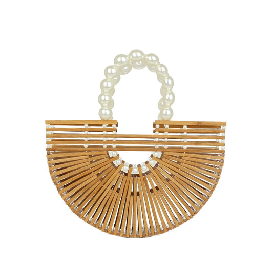 High Quality Handmade Bamboo Handbag Pearl Handle Design Women Hollow Out Beach Bag Summer Vacation Woven Straw Bag Female Bag-BambooChic