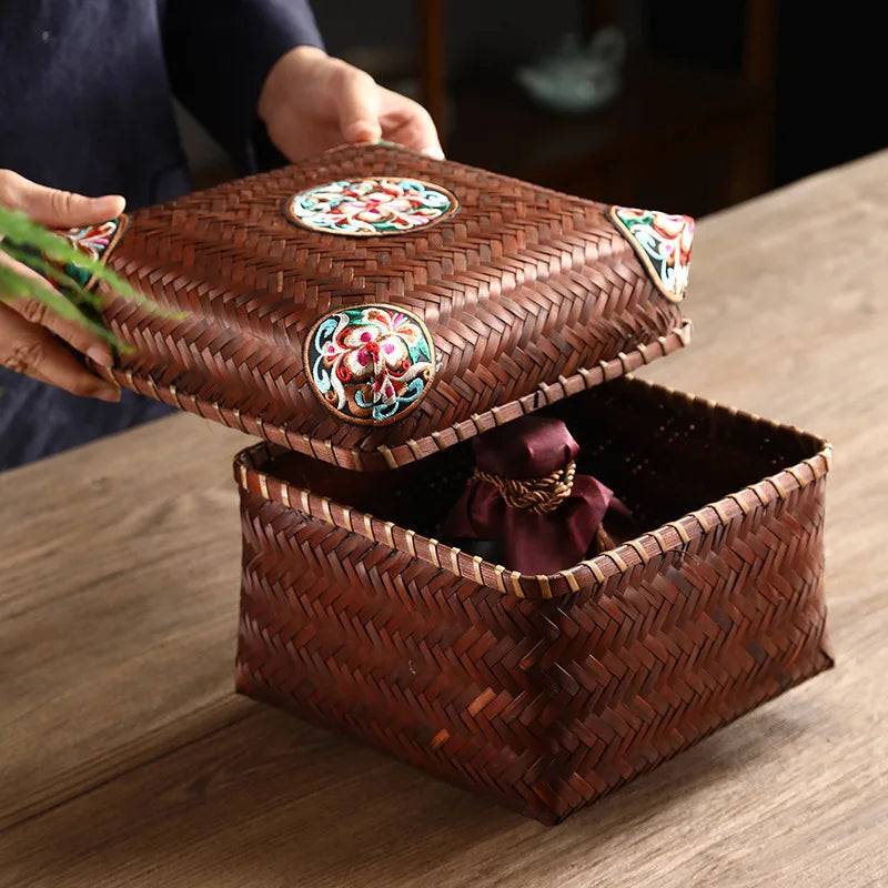 Premium Hand-Woven Bamboo Storage Box - Elegant Square Tea Set & Snack Organizer with Lid-BambooChic