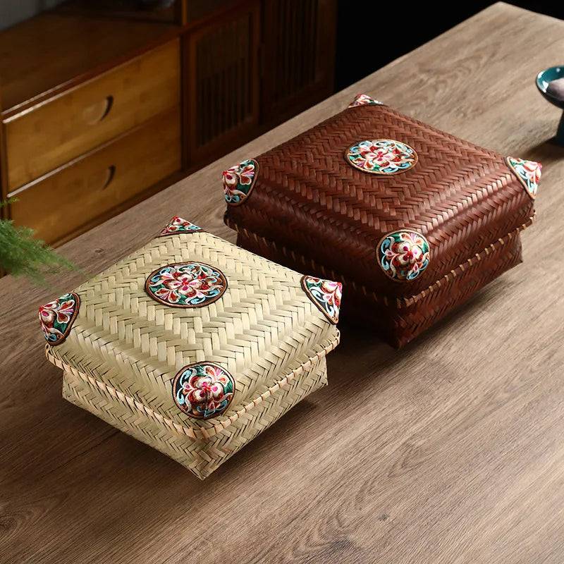 Premium Hand-Woven Bamboo Storage Box - Elegant Square Tea Set & Snack Organizer with Lid-BambooChic